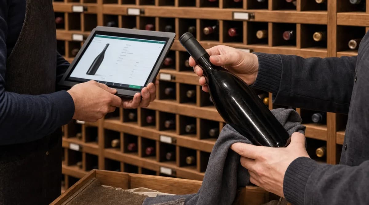 Encargado registrando una botella en la cava privada de un restaurante