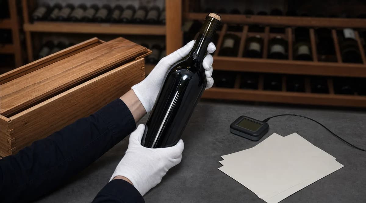 Especialista inspecciona una botella, una caja y un registrador de temperatura durante una revisión de procedencia