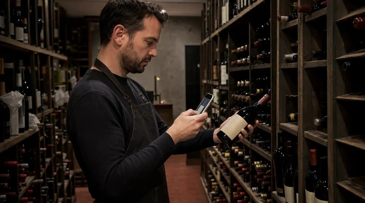 Sommelier registrando el movimiento de una botella con una aplicación móvil en la cava
