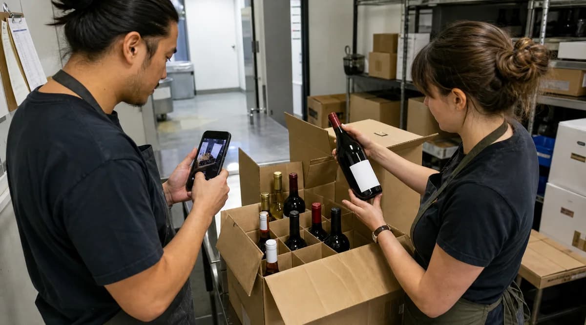 Equipo de restaurante verificando y registrando botellas durante la recepción de un pedido