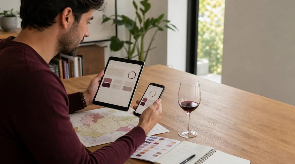 Adulto estudiando vino con una tableta, un teléfono, mapas, notas y una copa de degustación