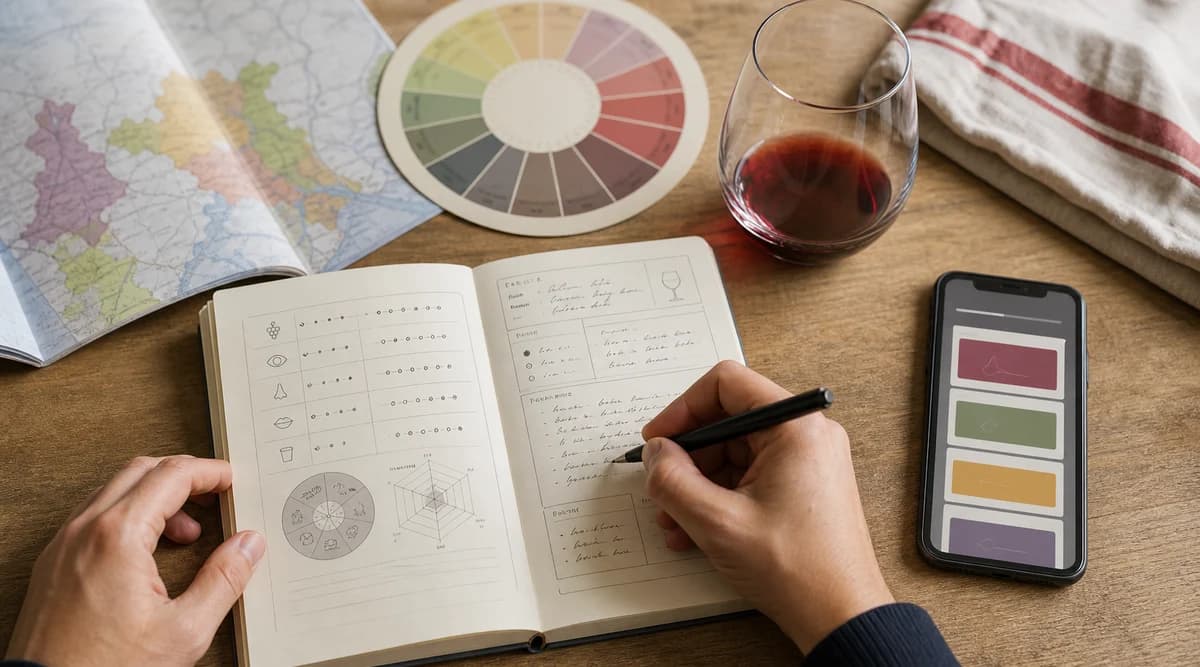 Manos de una persona llenando un diario estructurado de cata junto a un mapa, una rueda cromática y una app educativa