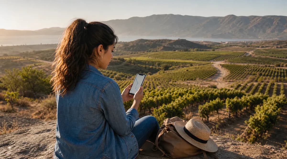 Viajera consultando una ruta de bodegas en el teléfono frente a viñedos de Baja California
