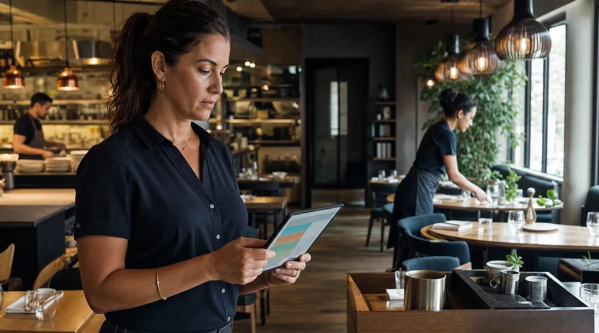 Gerente revisa turnos en una tableta mientras el equipo de restaurante cambia de servicio