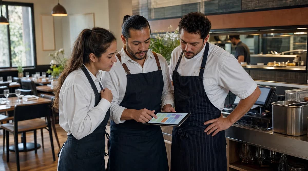 Gerente y equipo de restaurante revisan juntos el horario semanal en una tableta