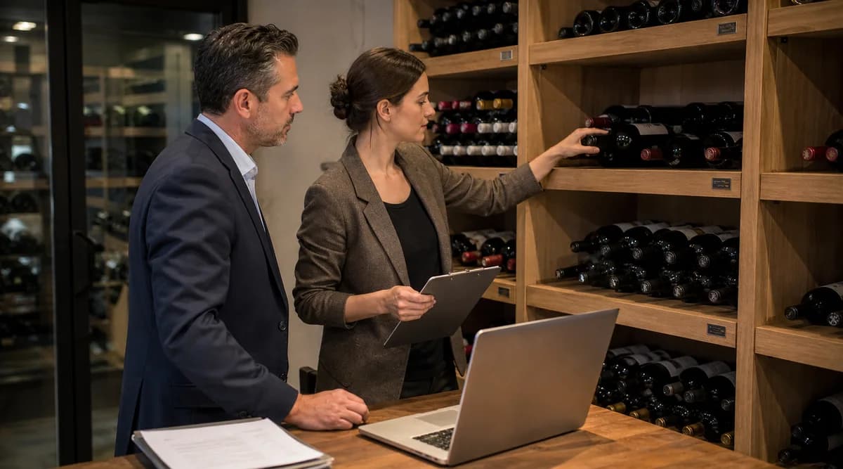 Gerente y auditor contrastan un registro digital con una ubicación física de la cava