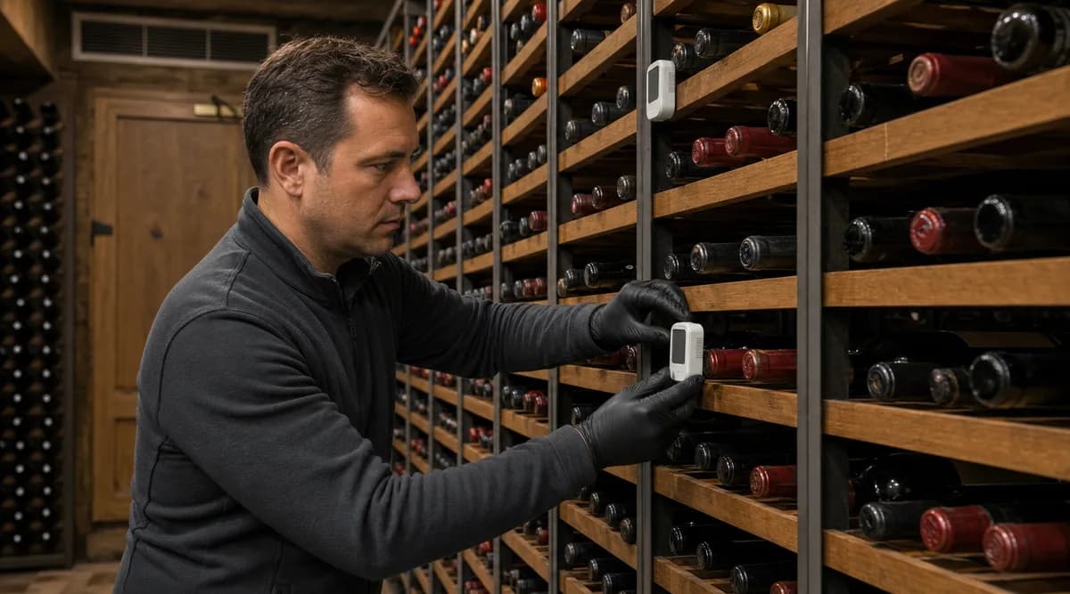 Técnico instalando un registrador de temperatura y humedad en una cava de vinos