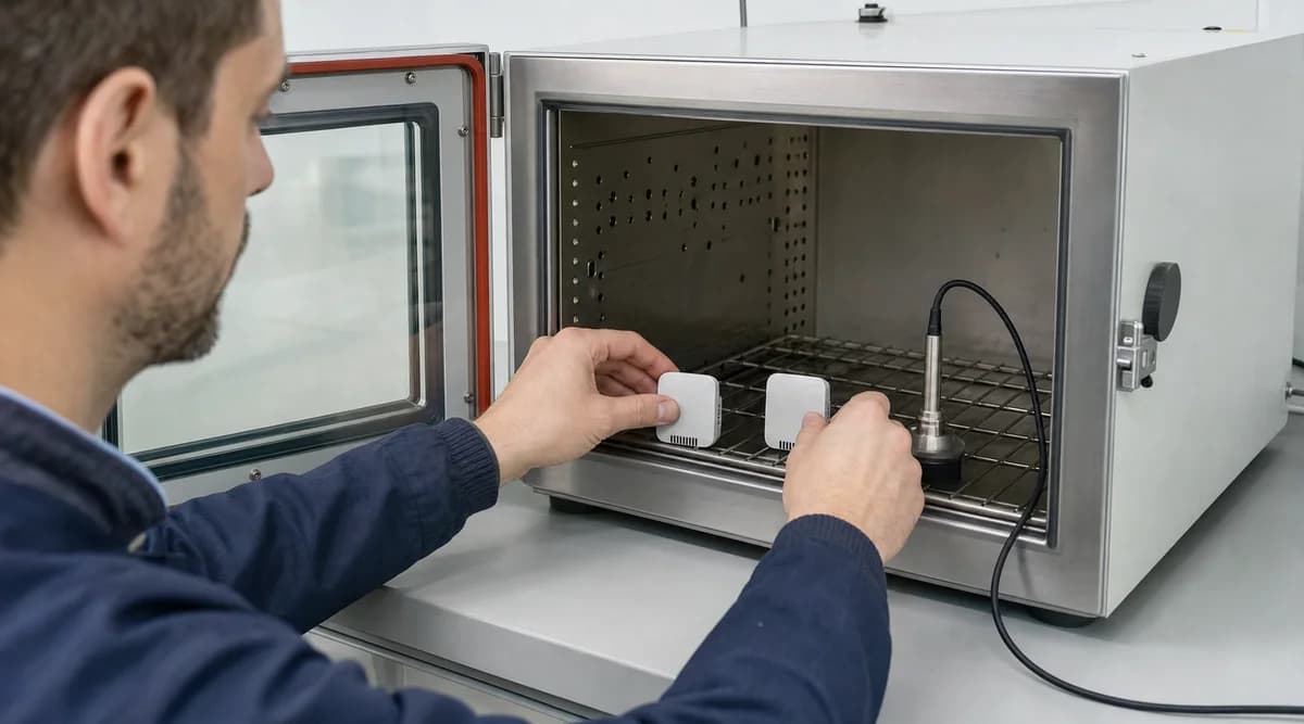 Técnica comparando registradores de temperatura y humedad con una sonda de referencia