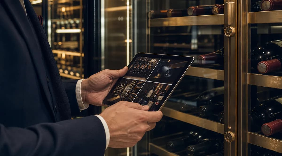 Sommelier revisando evidencia fotográfica en una tablet frente a una cava de restaurante