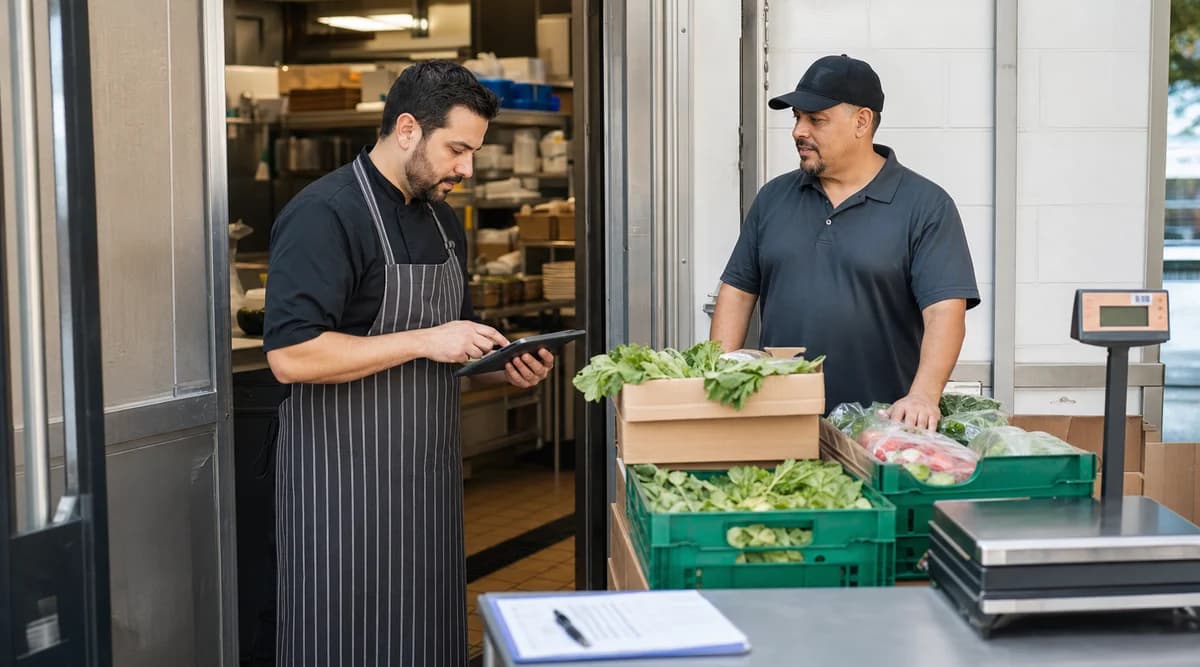Encargado de restaurante verifica una entrega con una orden de compra digital