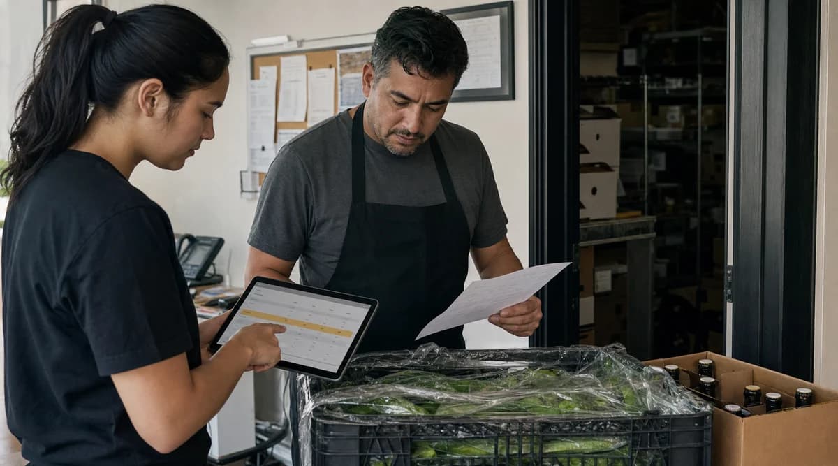 Equipo de restaurante compara orden digital, nota de entrega y mercancía recibida