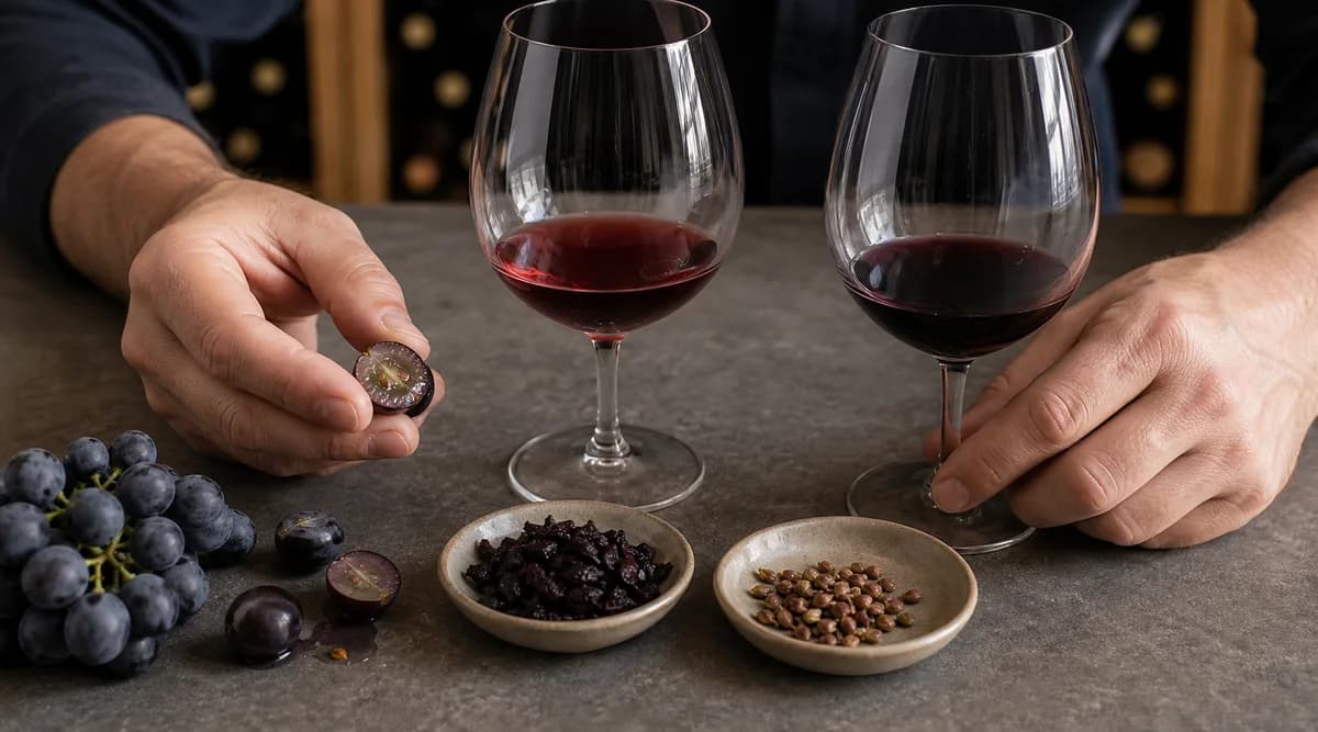 Bayas, pieles y semillas de Cabernet Sauvignon junto a dos copas de vino tinto