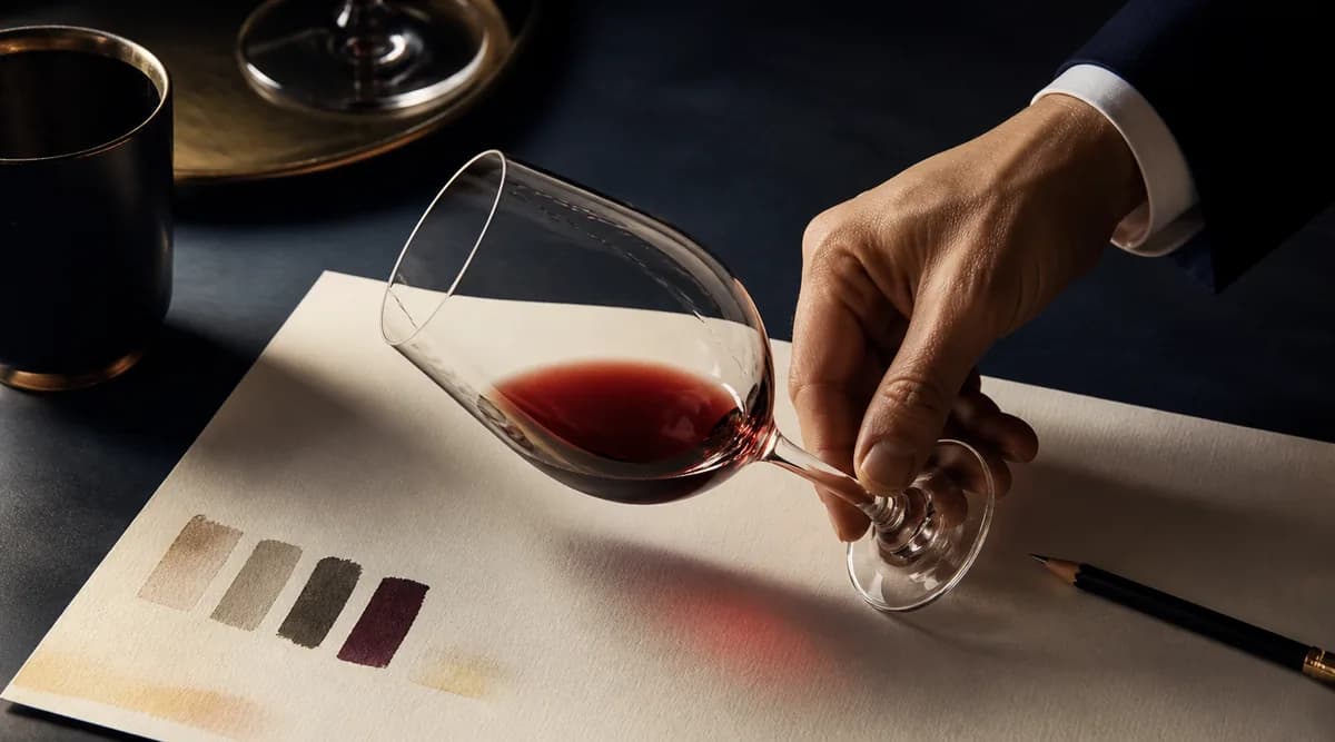 Mano inclinando una copa de vino tinto sobre una hoja de cata para observar color y menisco