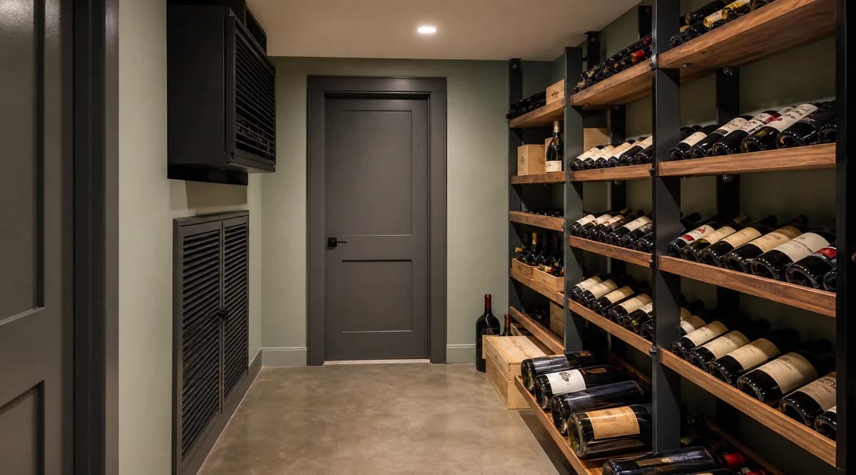 Cava residencial compacta con racks anclados y equipo de climatización