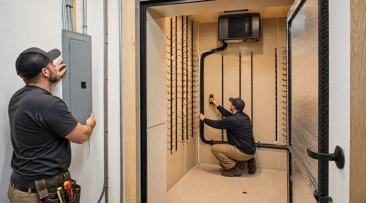 Electricista y técnico HVAC inspeccionan una cava vacía antes de cargarla