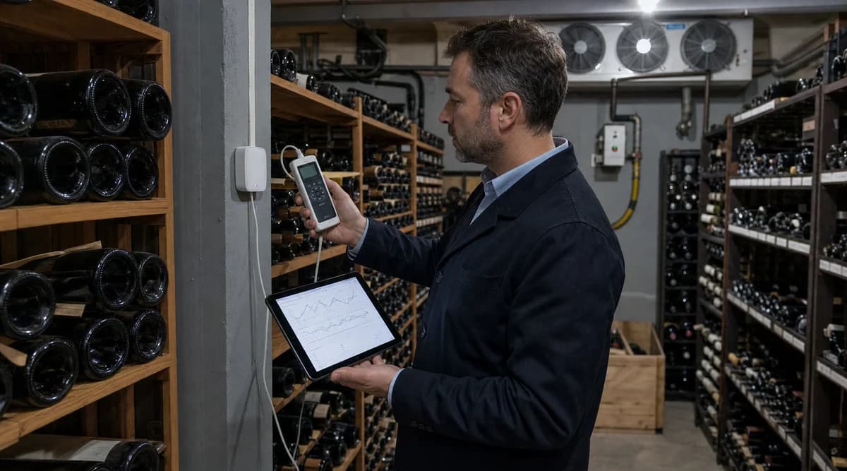 Encargado compara una alerta digital con un instrumento de referencia dentro de la cava