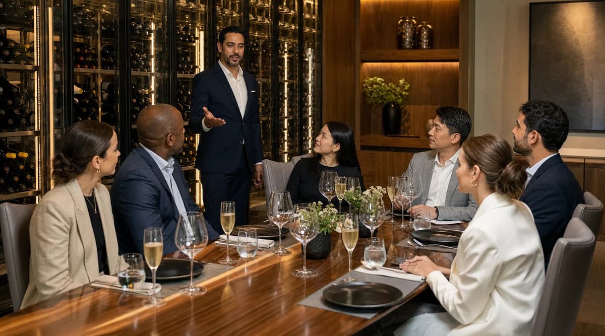 Anfitrión presentando una cava privada a un grupo corporativo con bebidas alcohólicas y sin alcohol disponibles