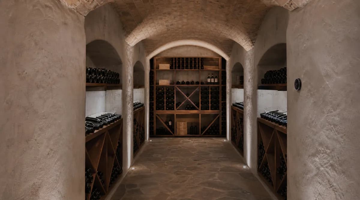 Cava subterránea terminada con estanterías de madera y control ambiental