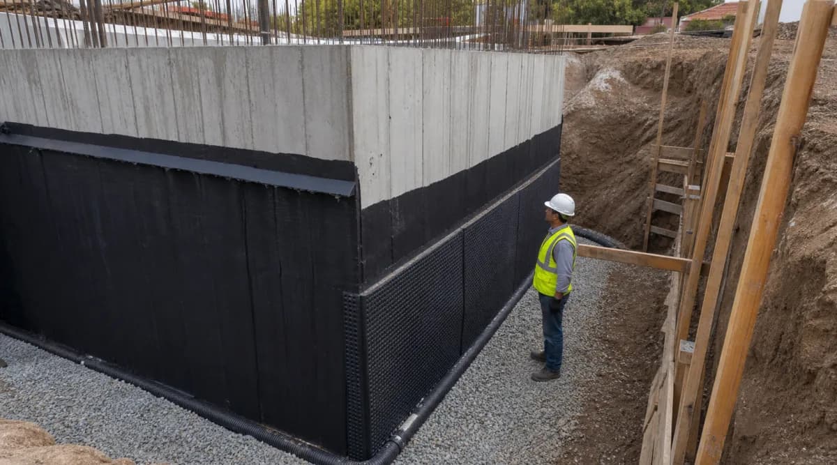 Muro de cava subterránea con impermeabilización exterior y drenaje perimetral
