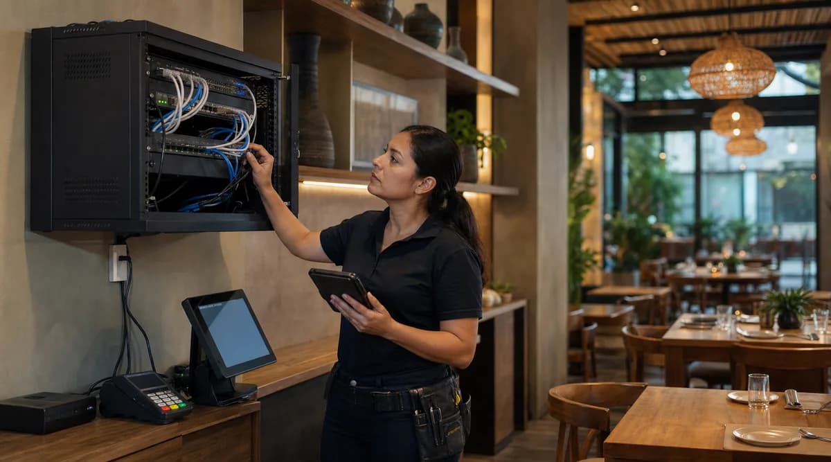 Técnica revisando la red de terminales de pago de un restaurante antes de la apertura