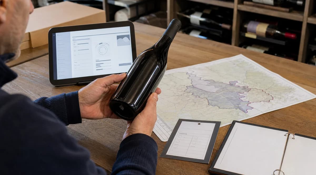 Comprador verifica botella con registro digital, mapa, pliego y tarjeta de lote