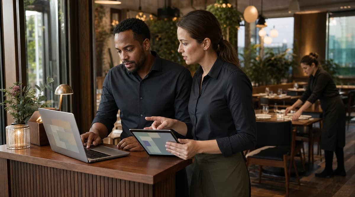 Gerente y anfitriona comparan plataformas CRM en dispositivos de restaurante