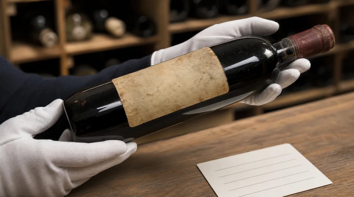 Especialista inspeccionando nivel de llenado, cápsula y etiqueta de una botella antigua