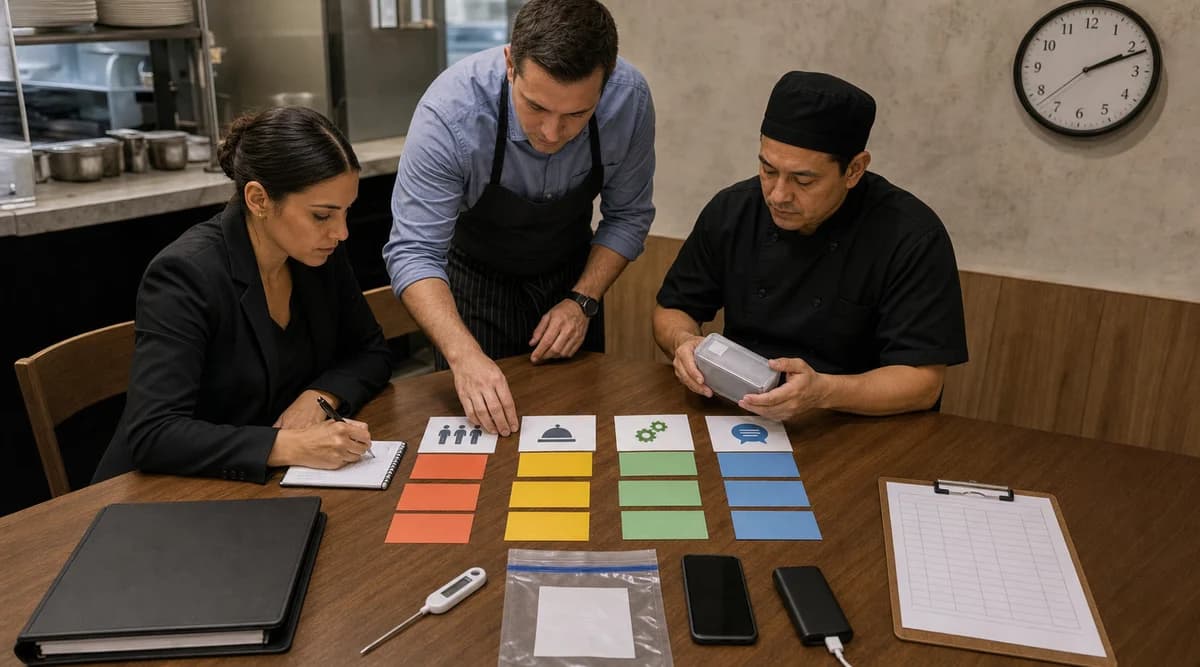 Equipo de restaurante clasificando acciones de seguridad, contención, continuidad y comunicación durante un incidente