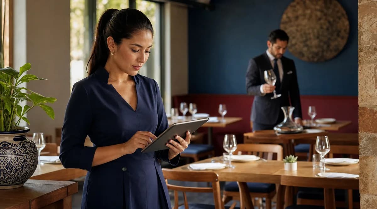 Anfitriona de restaurante consultando el perfil de un comensal en una tableta antes del servicio