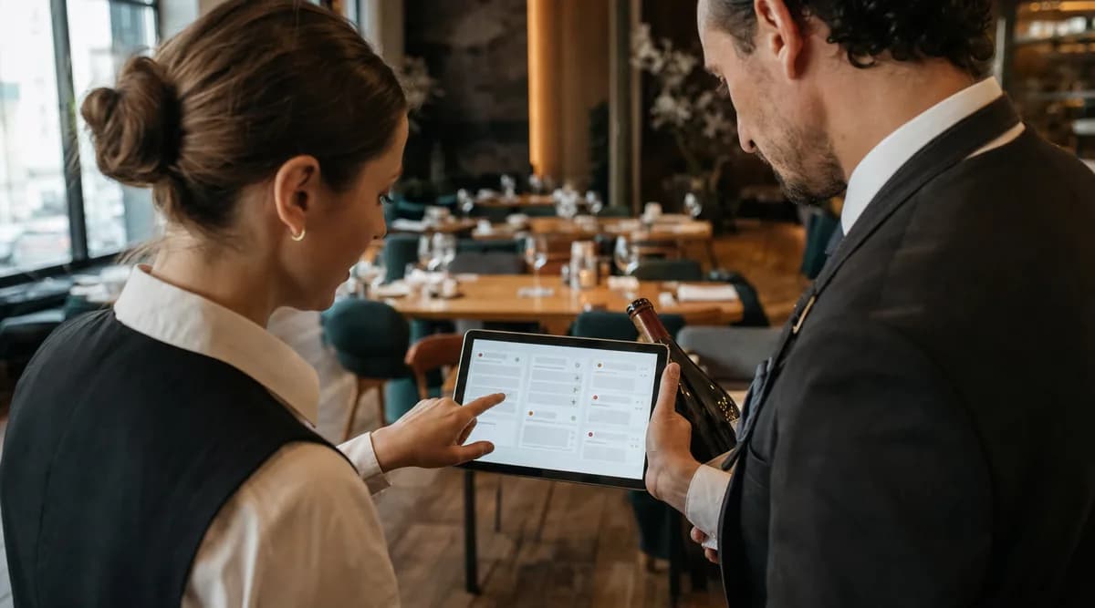 Anfitriona y sommelier revisando preferencias de servicio en una tableta antes de abrir el restaurante