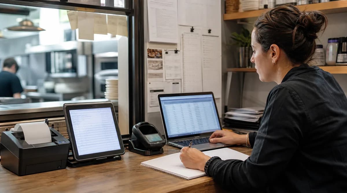 Analista reconcilia datos de POS, reservas e inventario en un restaurante