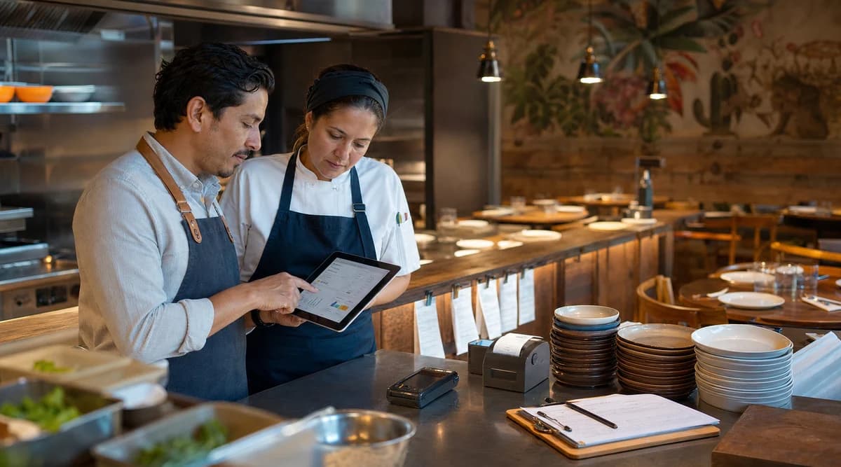 Gerente y chef revisando procesos digitales en la cocina de un restaurante antes del servicio