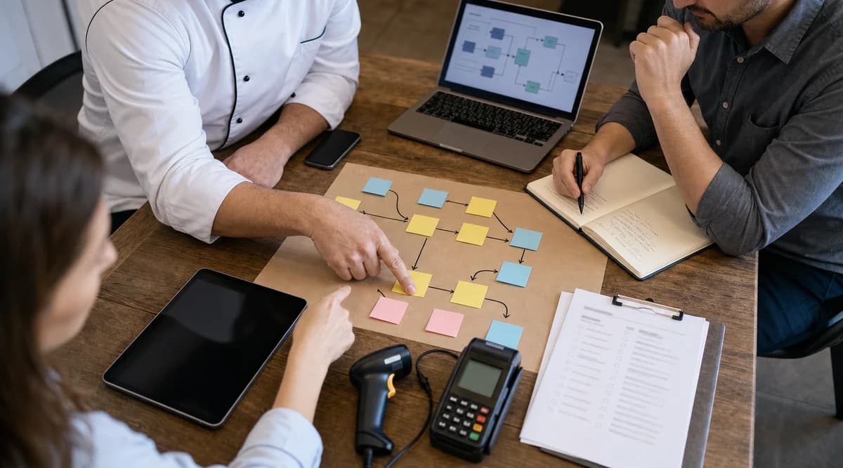 Equipo de restaurante mapeando un proceso junto a dispositivos de operación y un diagrama de integraciones