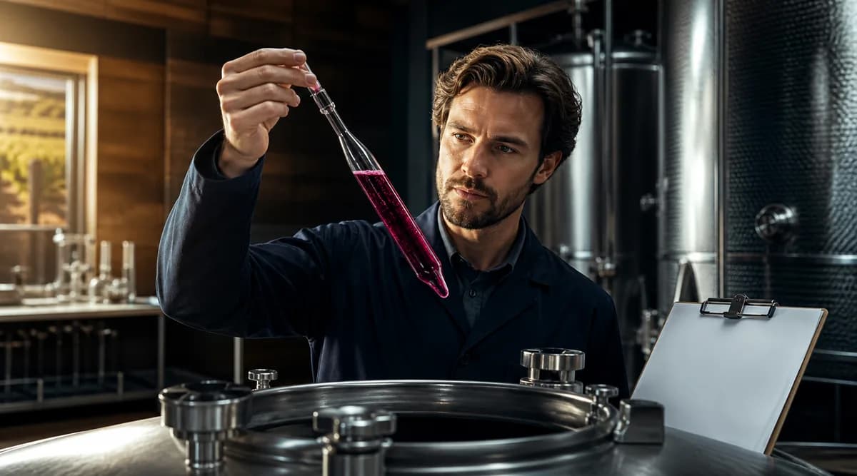 Enólogo examinando mosto con una pipeta frente a tanques de fermentación de acero inoxidable