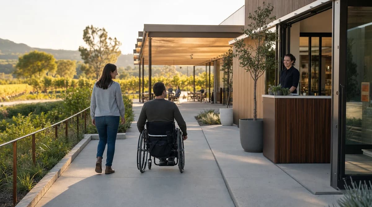 Persona en silla de ruedas recorre una ruta nivelada hacia una bodega con terraza accesible