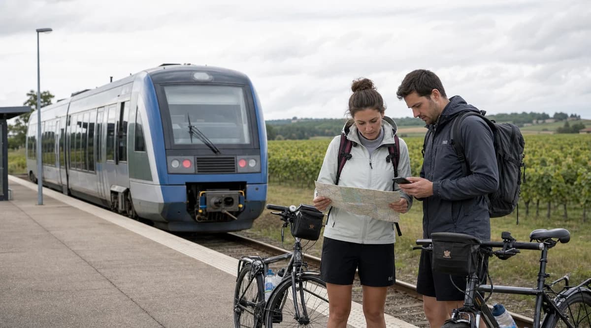 Viajeros con bicicletas revisando un mapa junto a un tren regional y viñedos