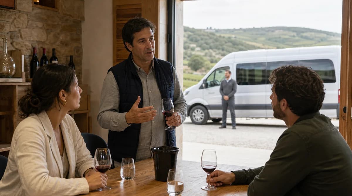 Visitantes prueban pequeñas medidas de vino con agua y transporte profesional reservado