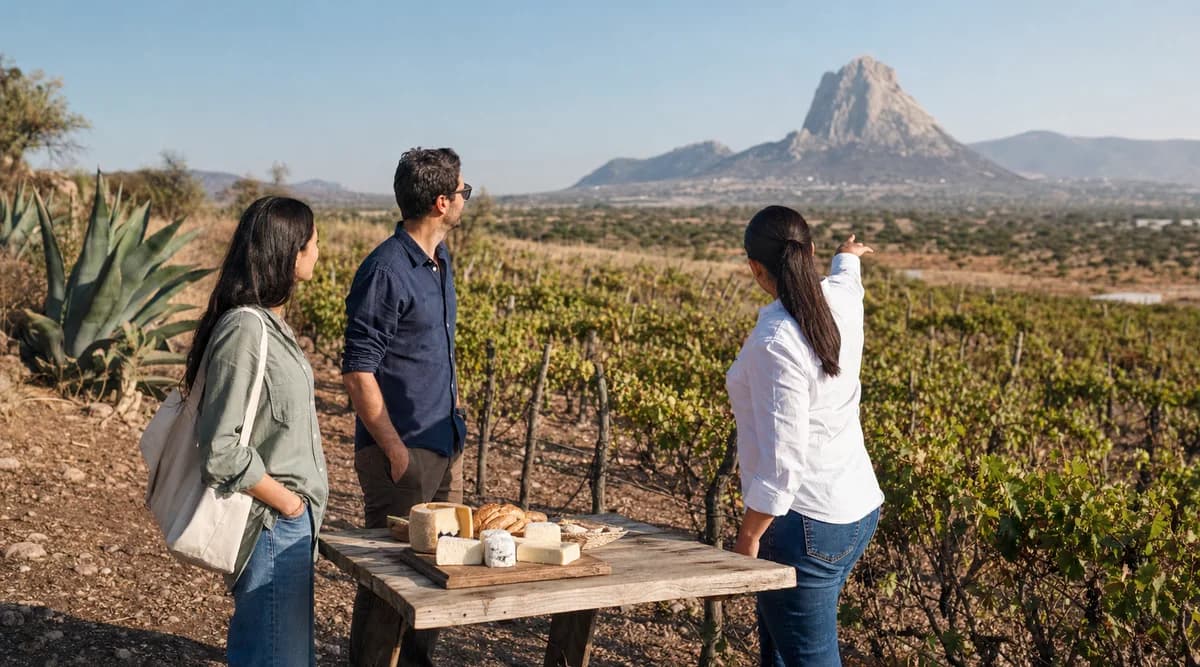 Viajeros adultos recorren un viñedo queretano con quesos locales y Peña de Bernal al fondo