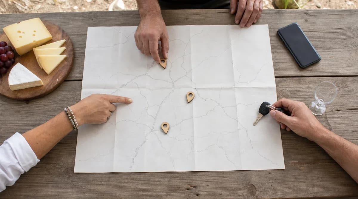 Mapa de viaje, marcadores, queso y llaves para planear una ruta segura en Querétaro