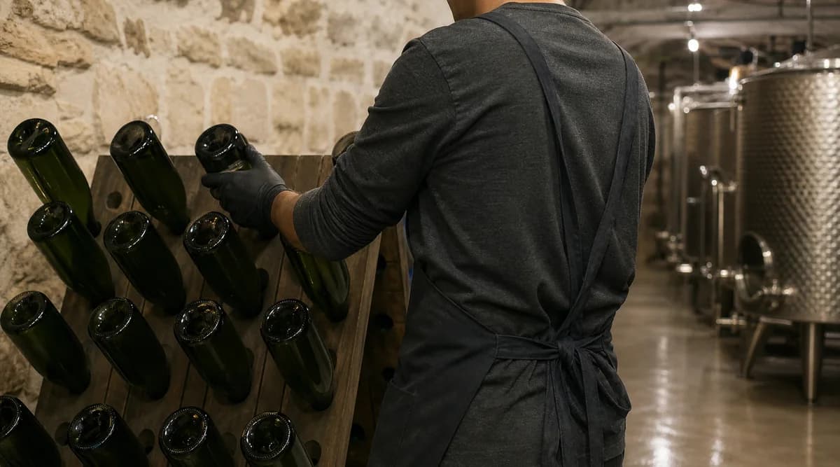 Trabajador gira botellas en pupitre dentro de una cava queretana con tanques al fondo