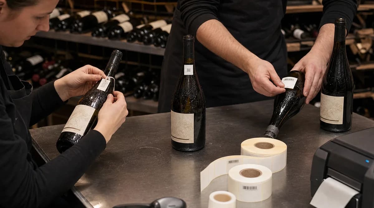 Equipo prueba etiquetas operativas en botellas con condensación sin cubrir las etiquetas comerciales