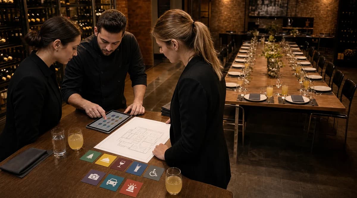 Equipo de restaurante ensayando el flujo de llegada, comida, bebidas, accesibilidad, fotografía, transporte e incidentes de un evento de socios