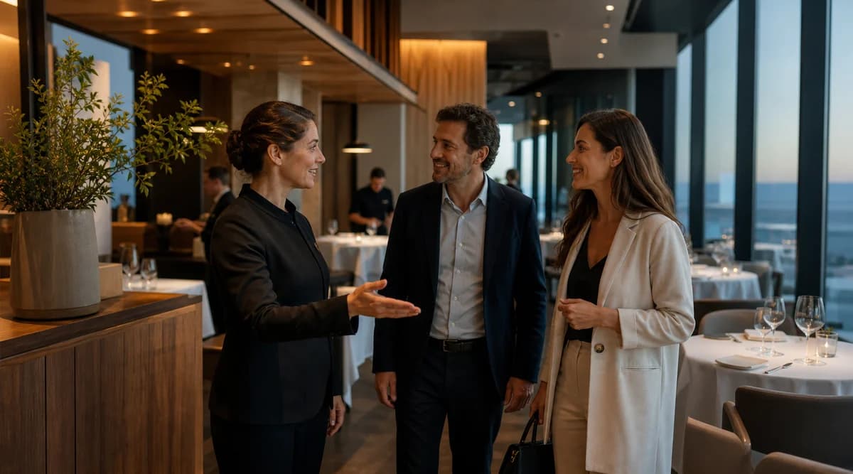 Capitana de restaurante recibe a una pareja en un comedor de servicio cuidado