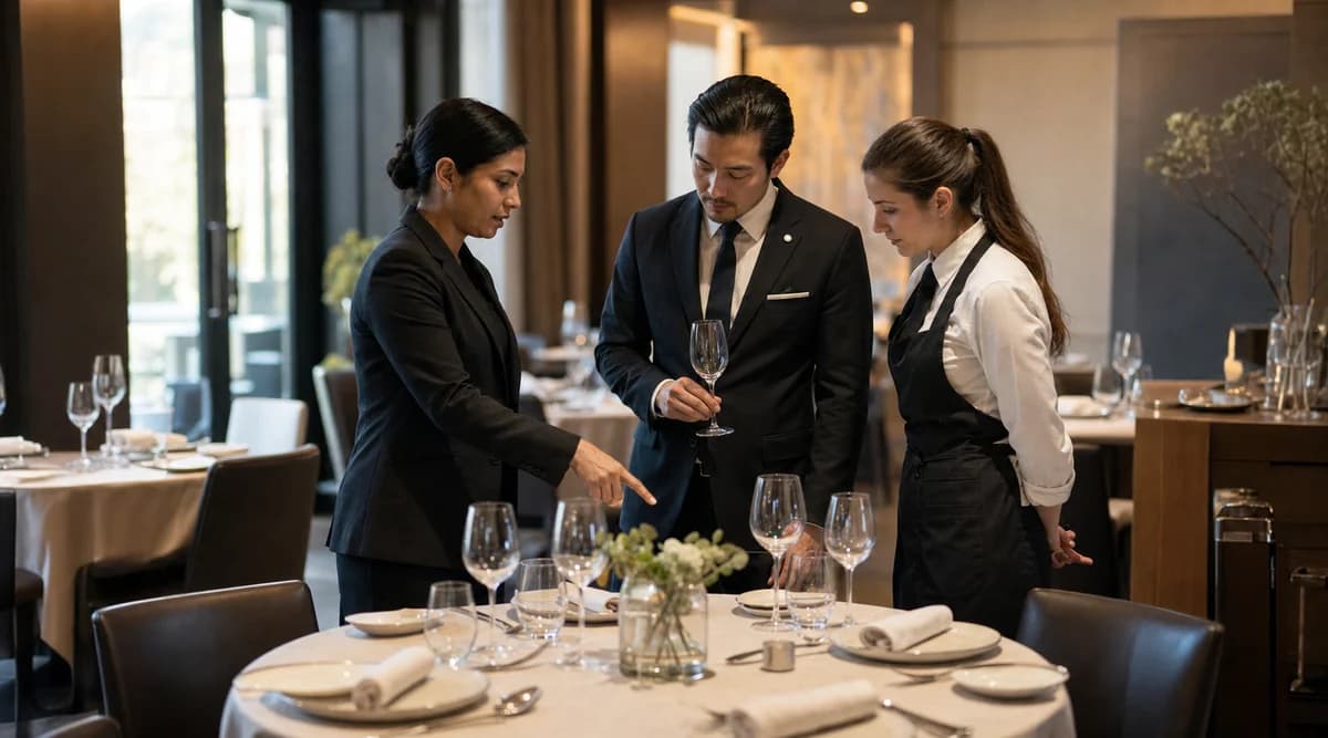 Gerente, sommelier y mesero coordinan el servicio frente a una mesa preparada