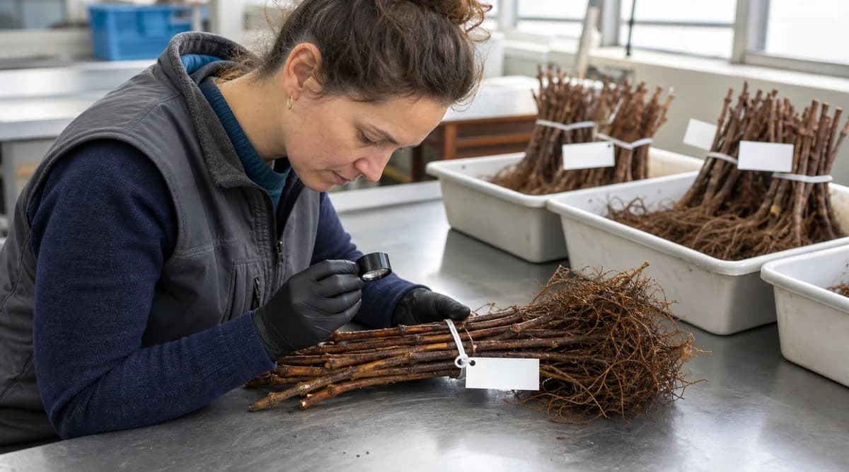 Técnica de vivero revisa uniones de injerto y lotes de plantas de vid