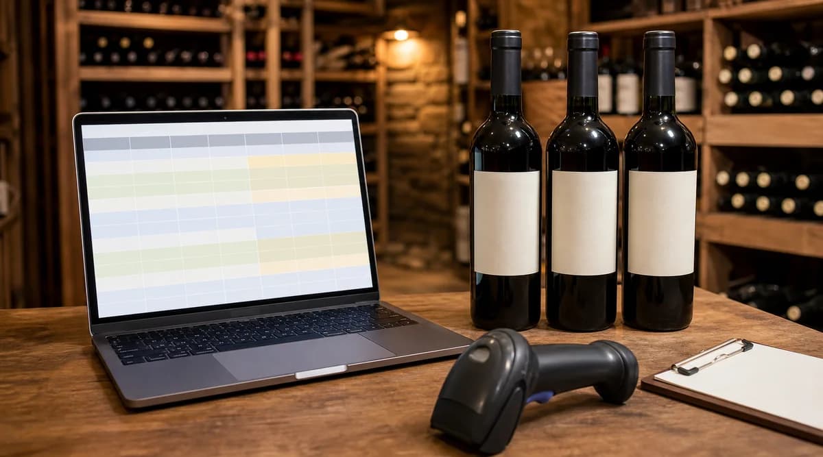 Hoja de cálculo Excel con columnas de inventario de vinos y datos de ejemplo