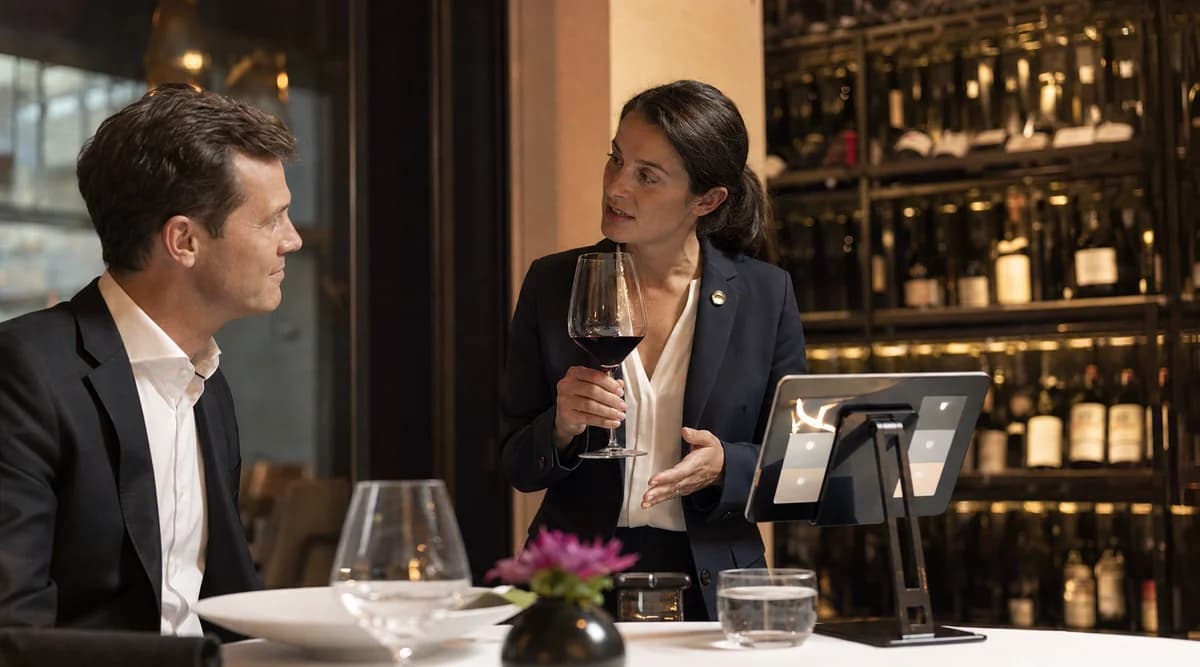 Sommelier conversa con un comensal mientras utiliza una tableta como apoyo secundario