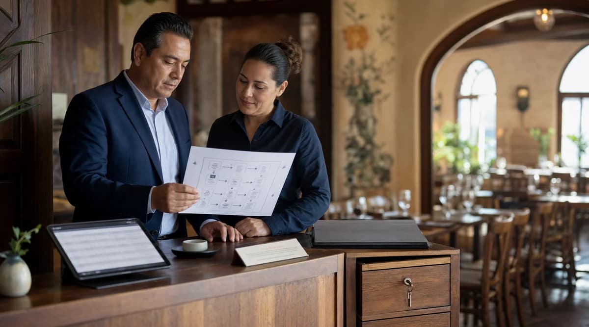 Gerente de restaurante y asesora revisando un mapa de flujo de datos en la recepción