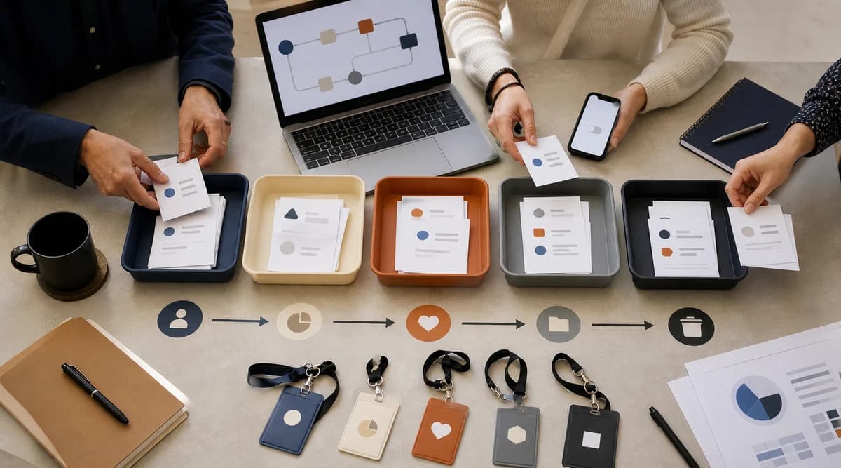 Equipo clasificando registros genéricos por finalidad, acceso y etapa del ciclo de vida de datos
