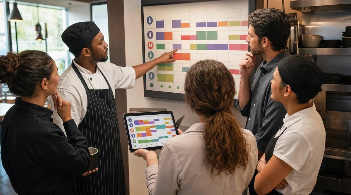 Equipo de restaurante revisando de forma colaborativa un calendario digital de turnos sin datos personales visibles